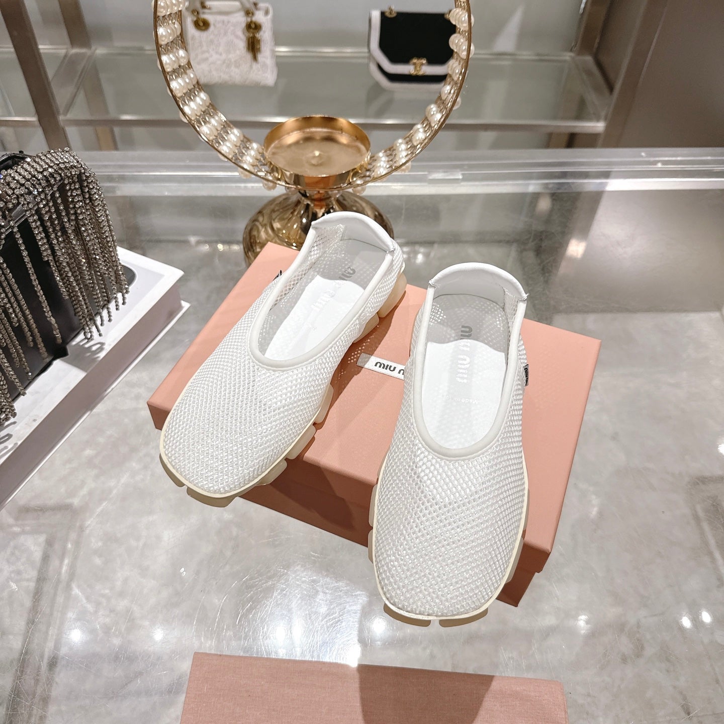 Miu Ballerinas White Technical Mesh Leather 751308