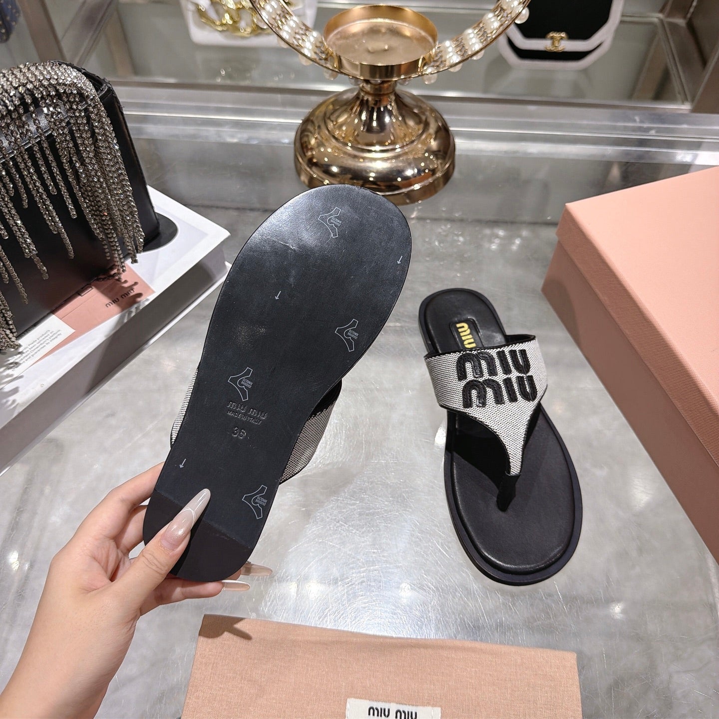 Miumiu 26s Thong Sandals In White Canvas And Black Calfskin Logo