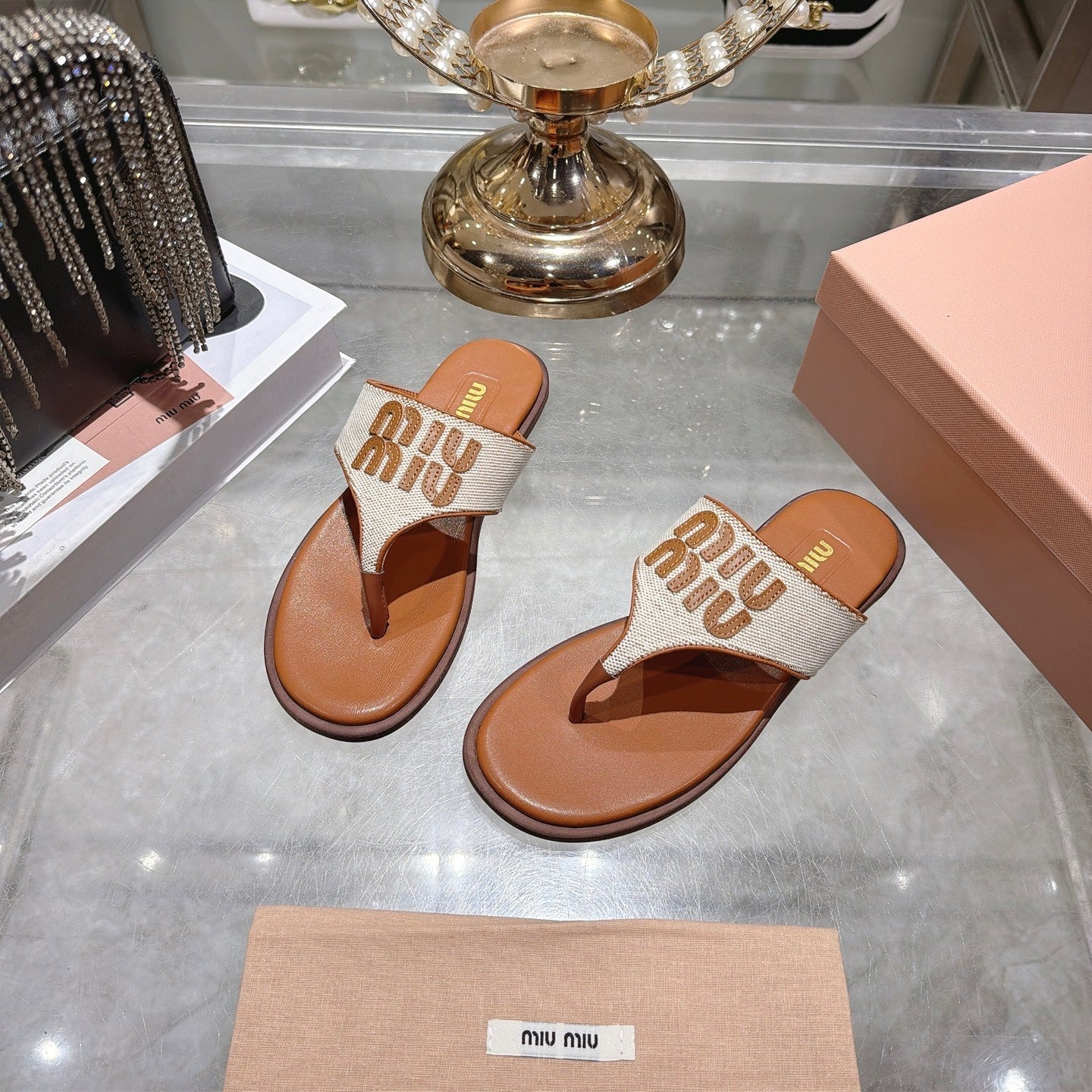 Miumiu 26s Thong Sandals In Beige Canvas And Cognac Brown Calfskin Logo