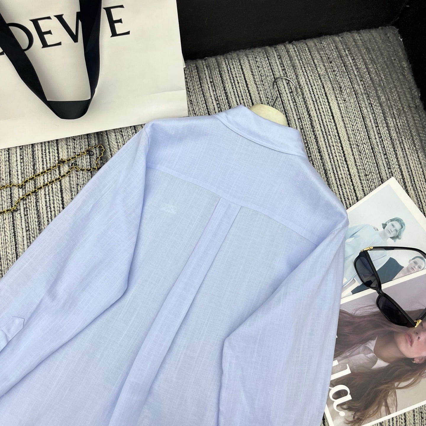 Loewe Embroidered Logo Collared Long-Sleeved Shirt Light Blue Cotton