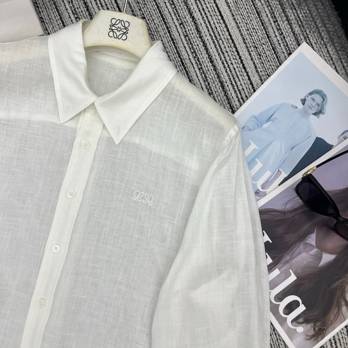Loewe Embroidered Logo Collared Long-Sleeved Shirt White Cotton