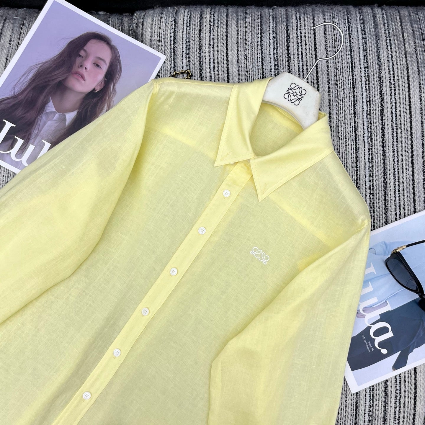 Loewe Embroidered Logo Collared Long-Sleeved Shirt Light Yellow Cotton