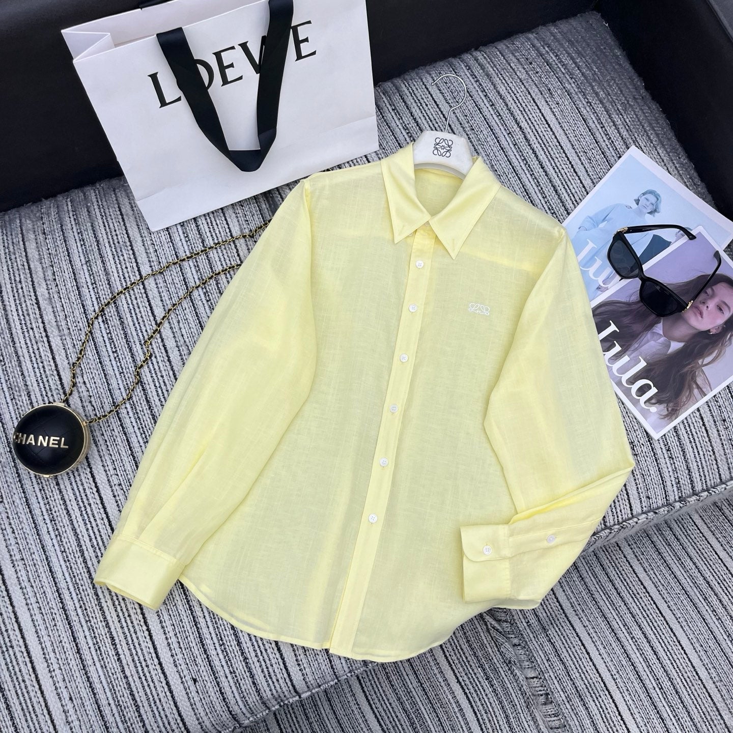 Loewe Embroidered Logo Collared Long-Sleeved Shirt Light Yellow Cotton