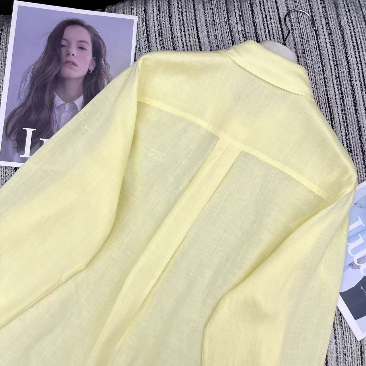 Loewe Embroidered Logo Collared Long-Sleeved Shirt Light Yellow Cotton