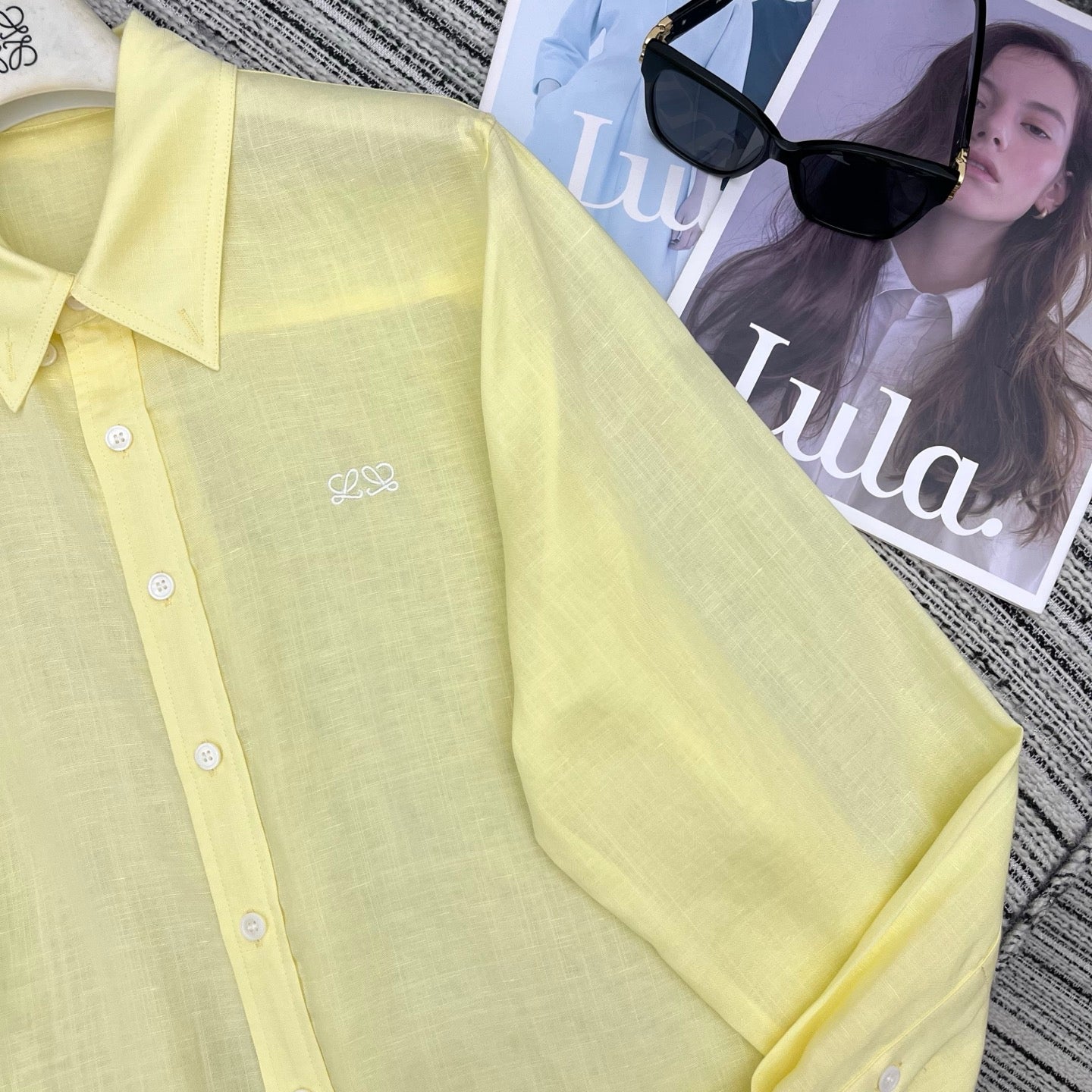 Loewe Embroidered Logo Collared Long-Sleeved Shirt Light Yellow Cotton