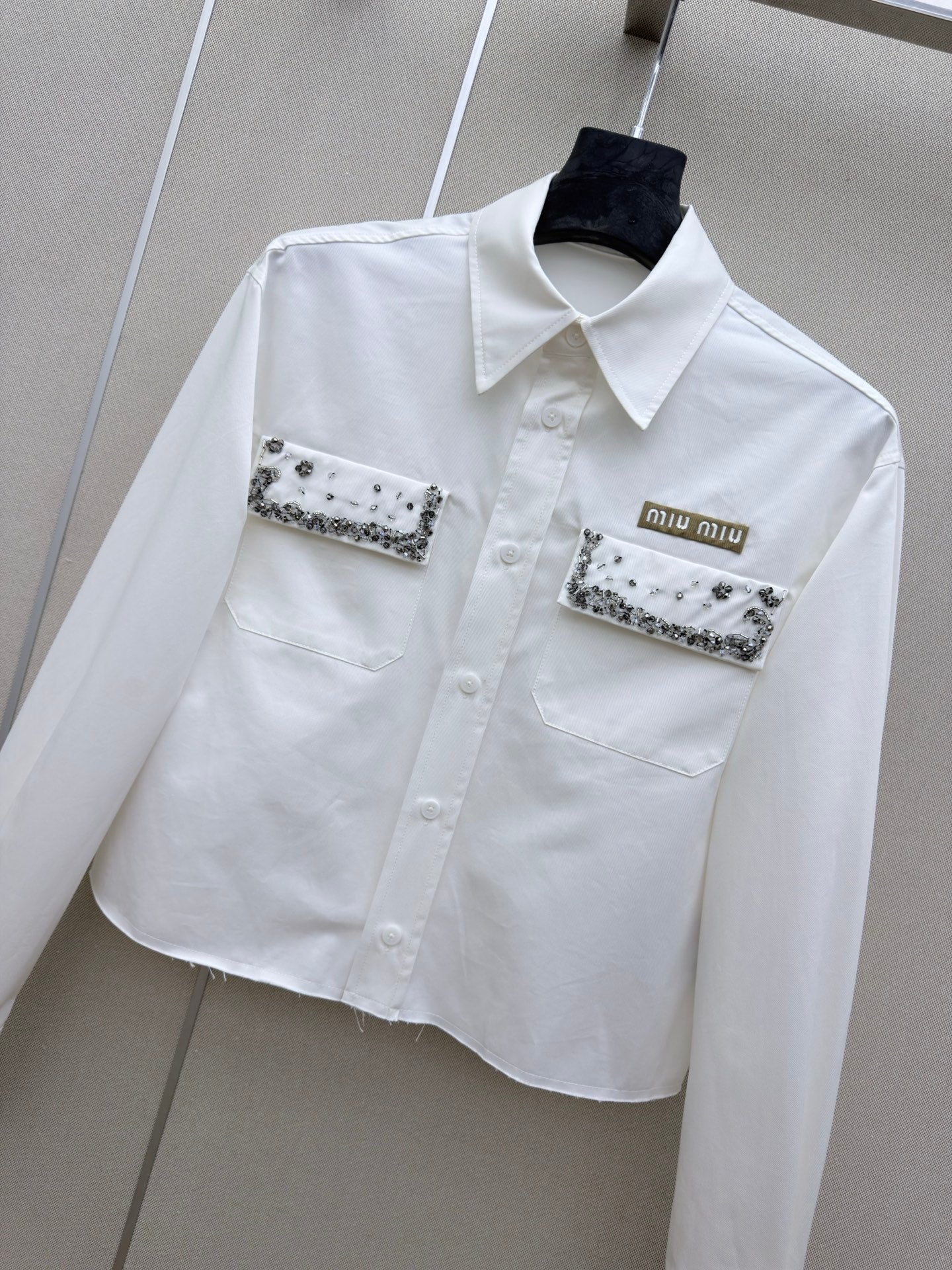 Miu Long-Sleeved Shirt With Heavy-Duty Rhinestone White Cotton
