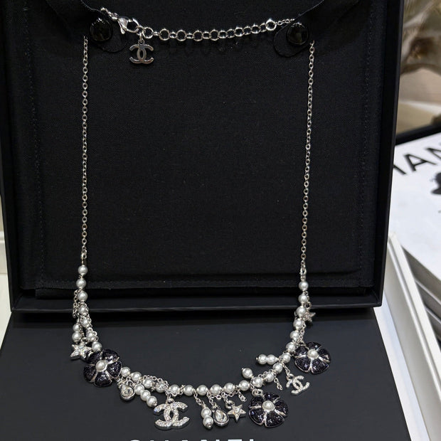 Chanel 2026 Silver Double C Black Flower Pearl Tassel Necklace
