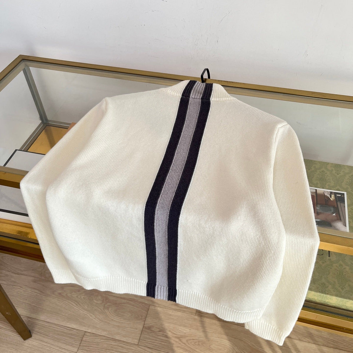 GG 26s Stripe Detail Zip Knit Sweater Off White 450522