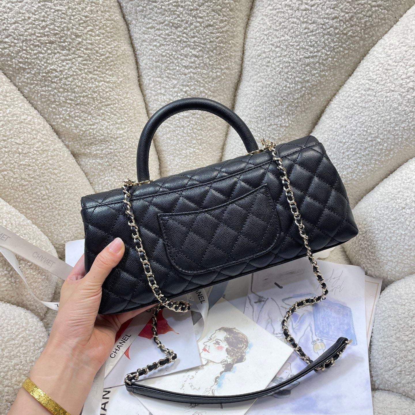CC 26P Horizontal Coco Handle 32cm Black Quited Caviar Leather Light Gold