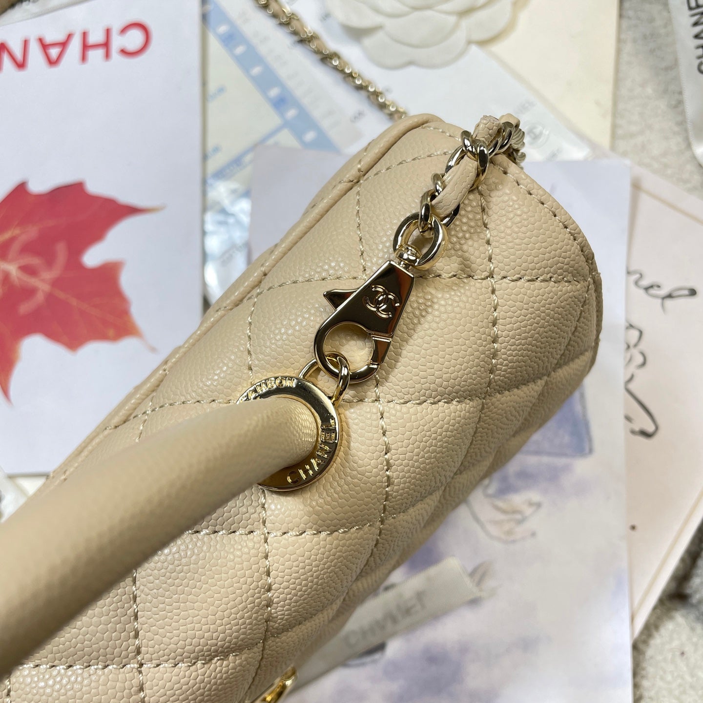 CC Maxi Flap Bag with Top Handle 31.5cm Light Beige Quited Caviar Leather