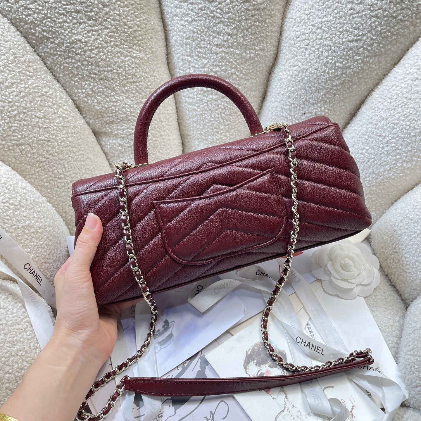 CC Maxi Flap Bag with Top Handle 31.5cm Burgundy Goatskin