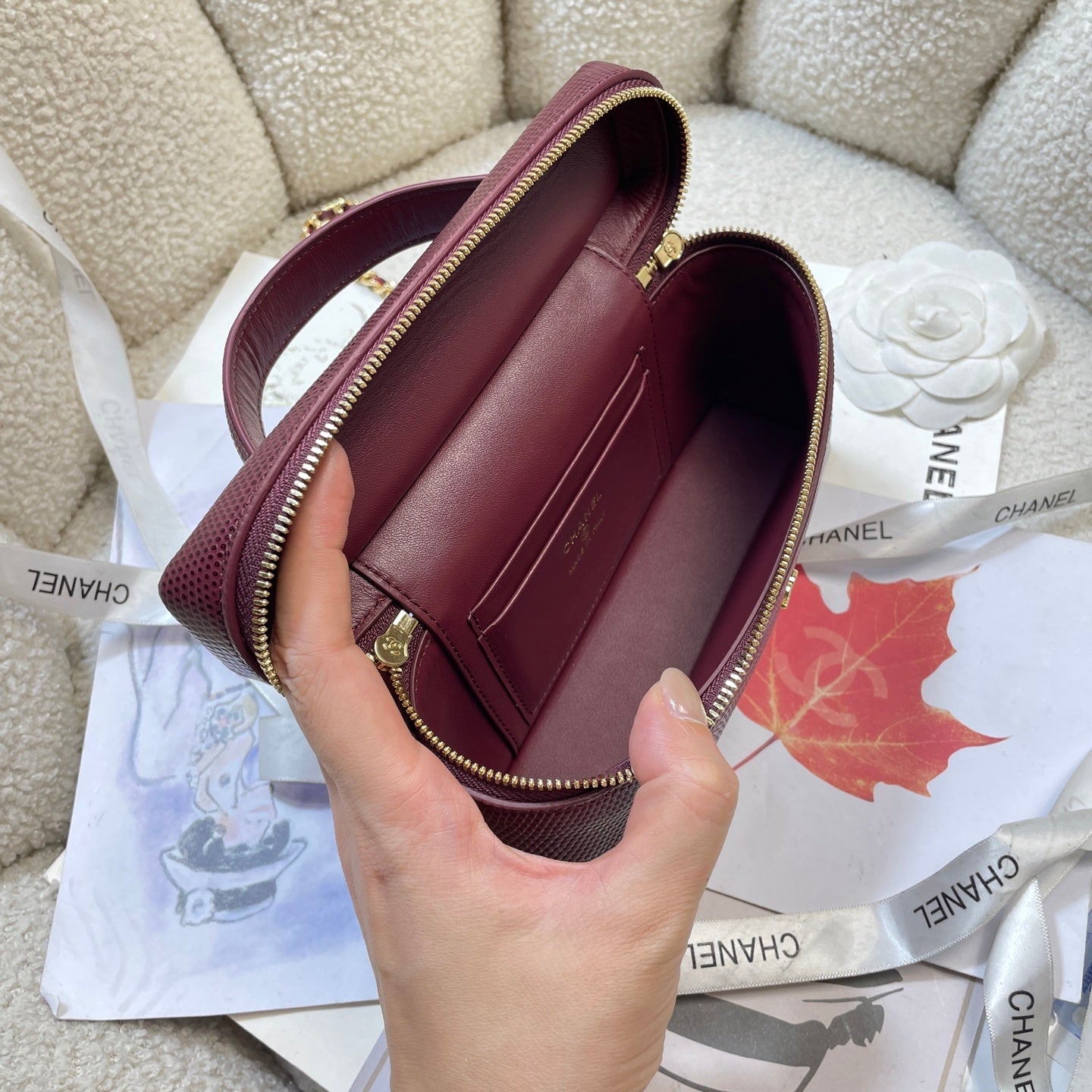 Chanel 2026 Vanity Bag 19.5cm Burgundy Cowhide With Lizard Embossing
