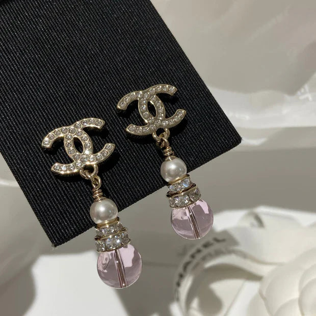 CC Pink Crystal Gold Pearl Earrings