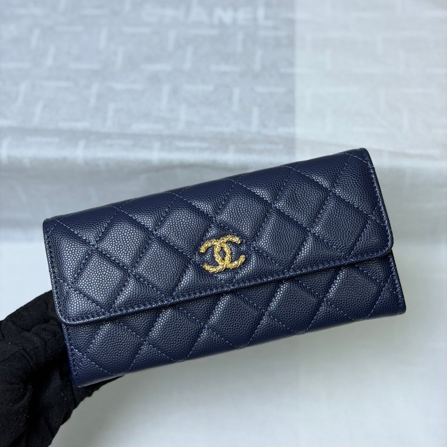 CC 26P Long Flip Wallet Navy Blue Quited Caviar Leather