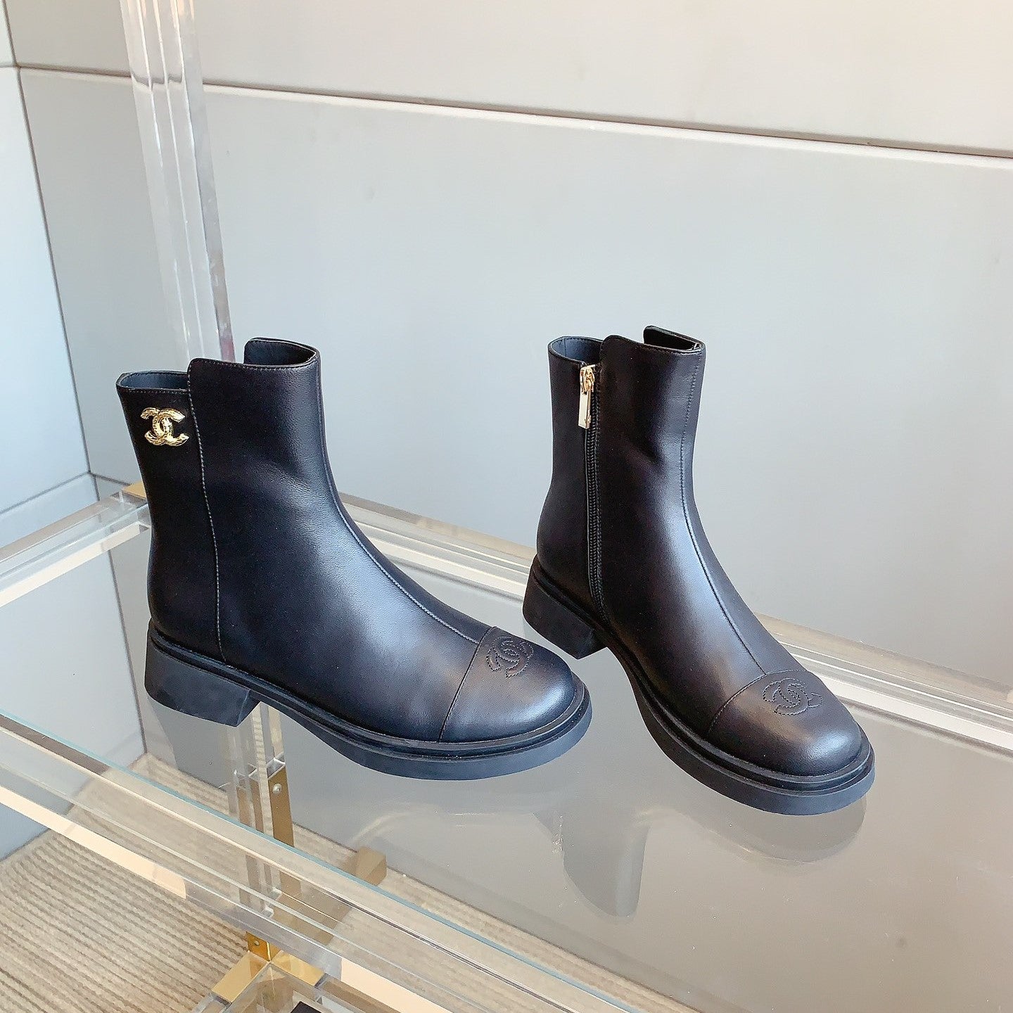 CC Zipper Ankle Boots 35mm Black Sheeepskin 464548