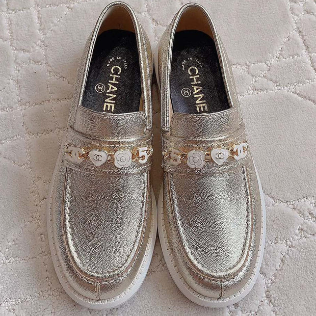 Chanel 2026 Embellished Strap Loafers Gold Metallic Cowhide 977365