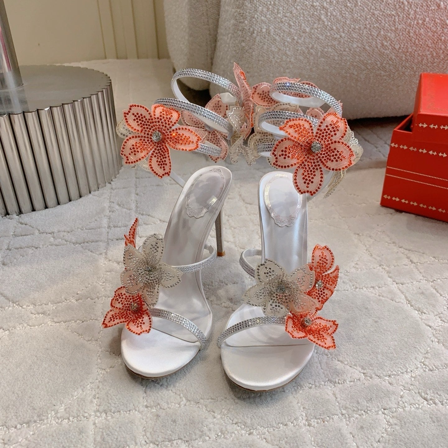 RC Flower Sandals Silver Sheepskin Rhinestones 328464