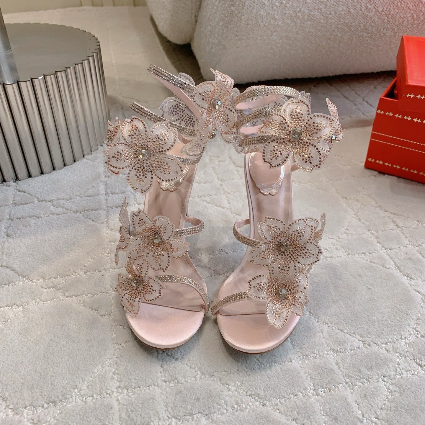 RC Flower Sandals Pink Nude Sheepskin Rhinestones 328466