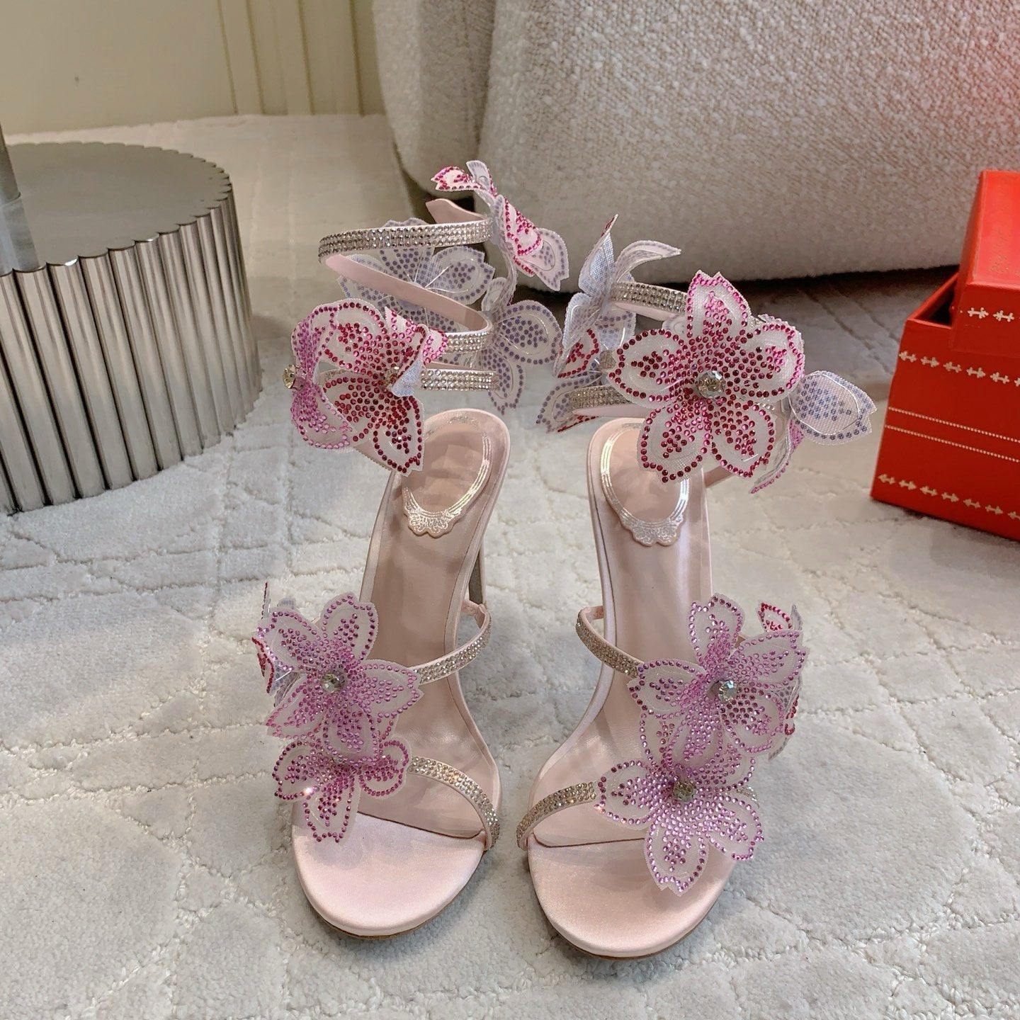 RC Flower Sandals Pink Sheepskin Rhinestones 328465