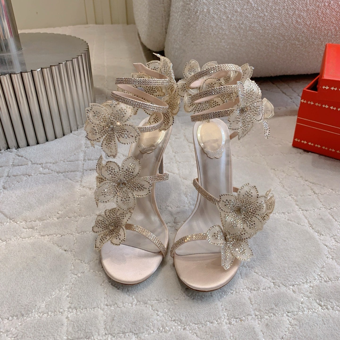 RC Flower Sandals Beige Sheepskin Rhinestones 328467