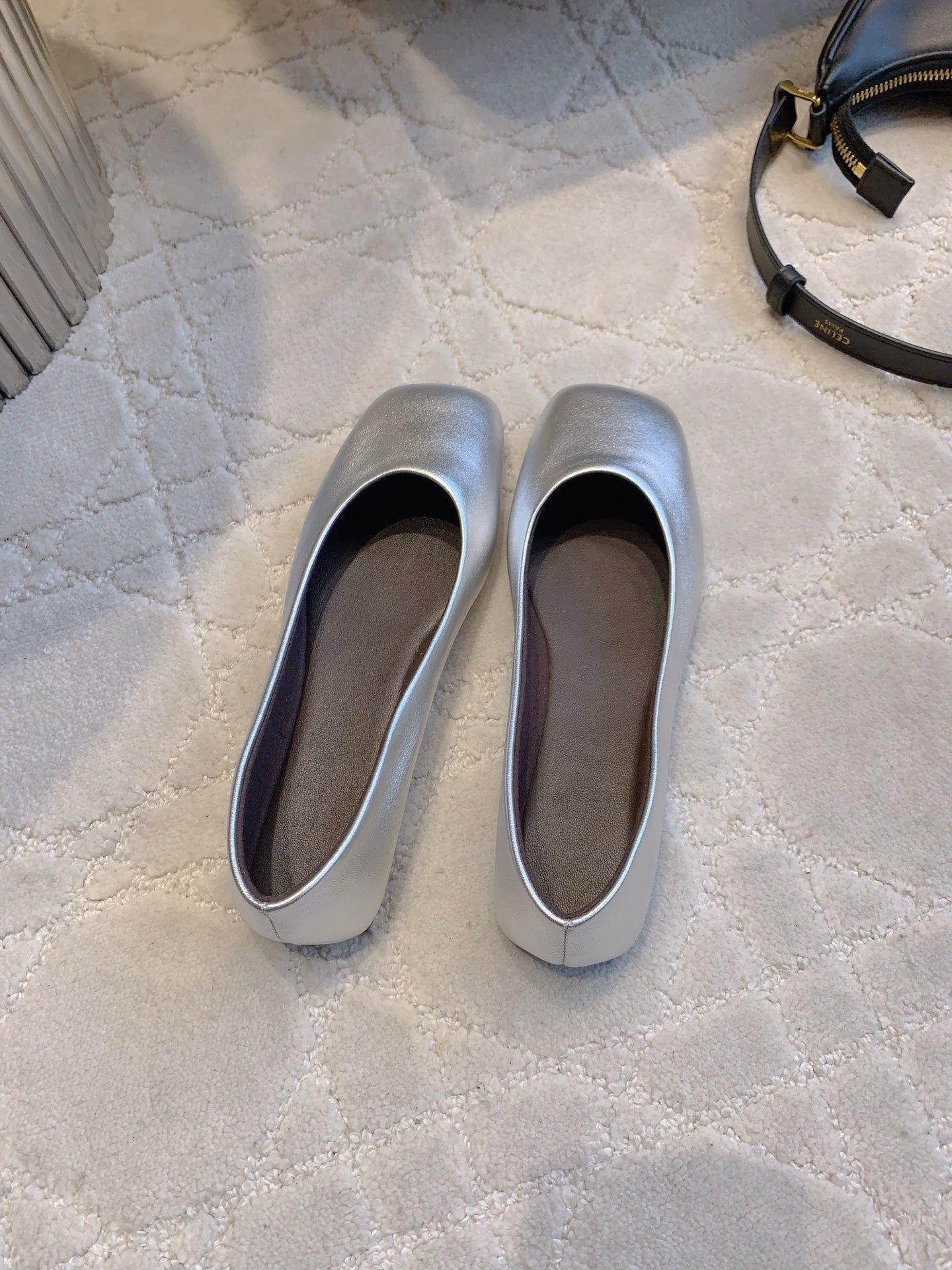 The Row 2025 Square-toe Ballet Flat Silver Sheepskin 557428
