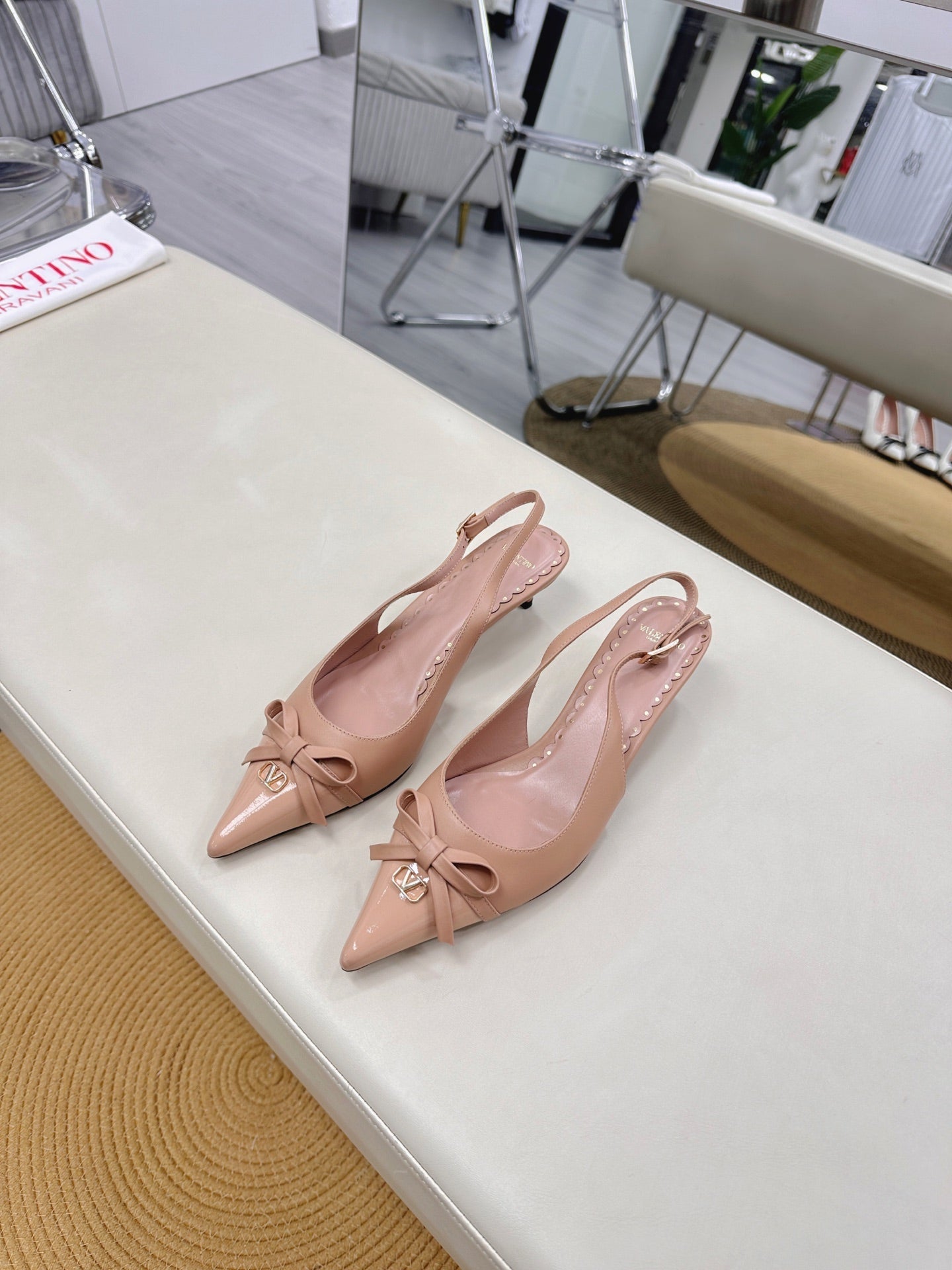 Bepointy Slingback Pumps Bow In Rose Cannelle Cowhide And Patent Leather Pale Pink Sheepskin Linning 304256