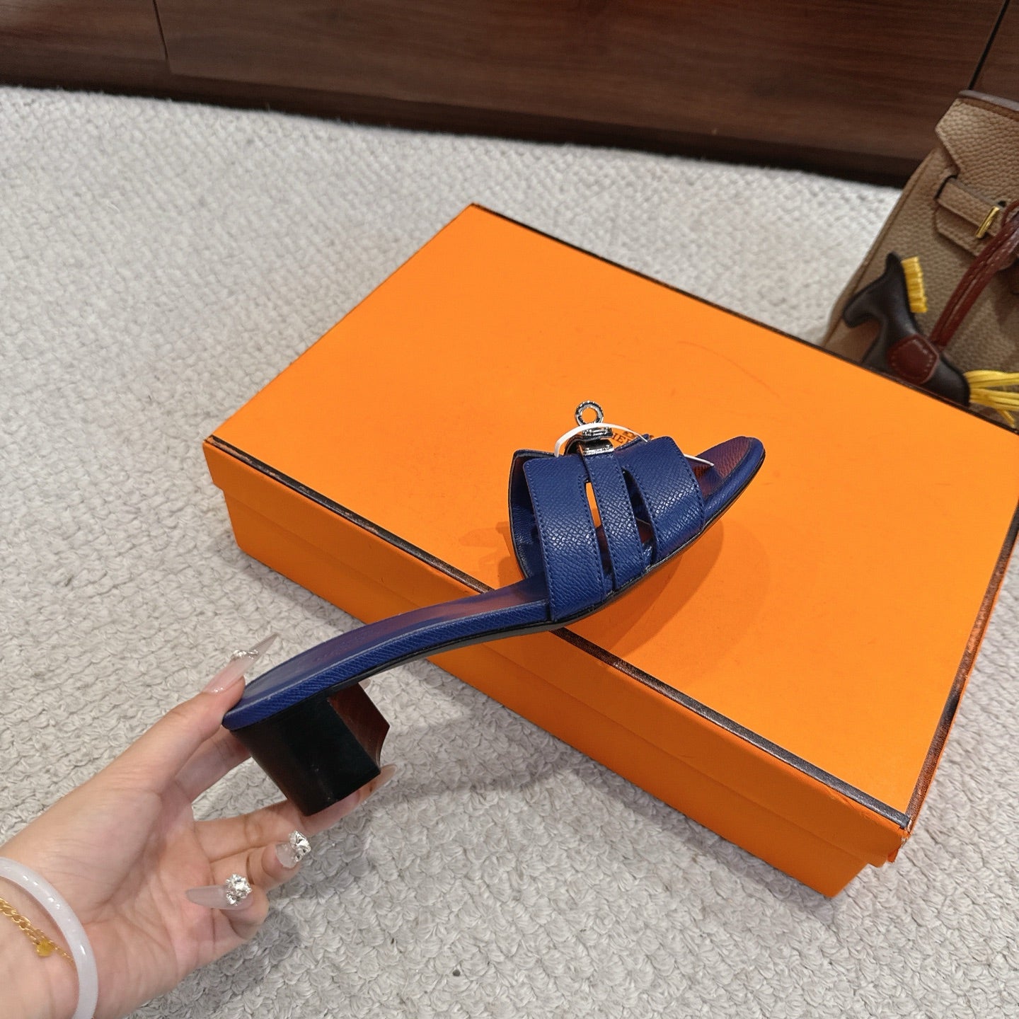 HM Kelly Buckle Sandals 5cm Navy Blue Leather 804992