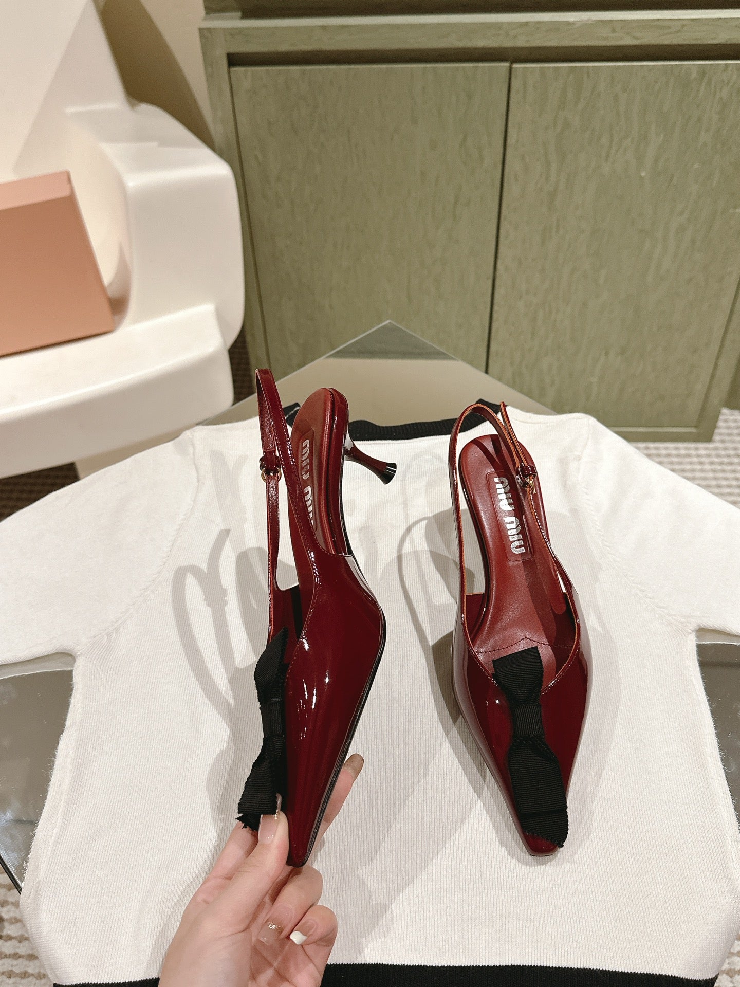 Miu x Balanc Small Bow Buckle SlingBack 45mm Burgundy Patent Leather 445863