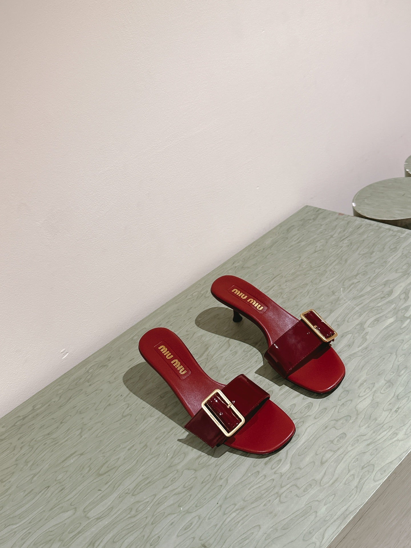 Miu x Balanc Studded Buckle Elegant Mules 45mm Burgundy Patent Leather