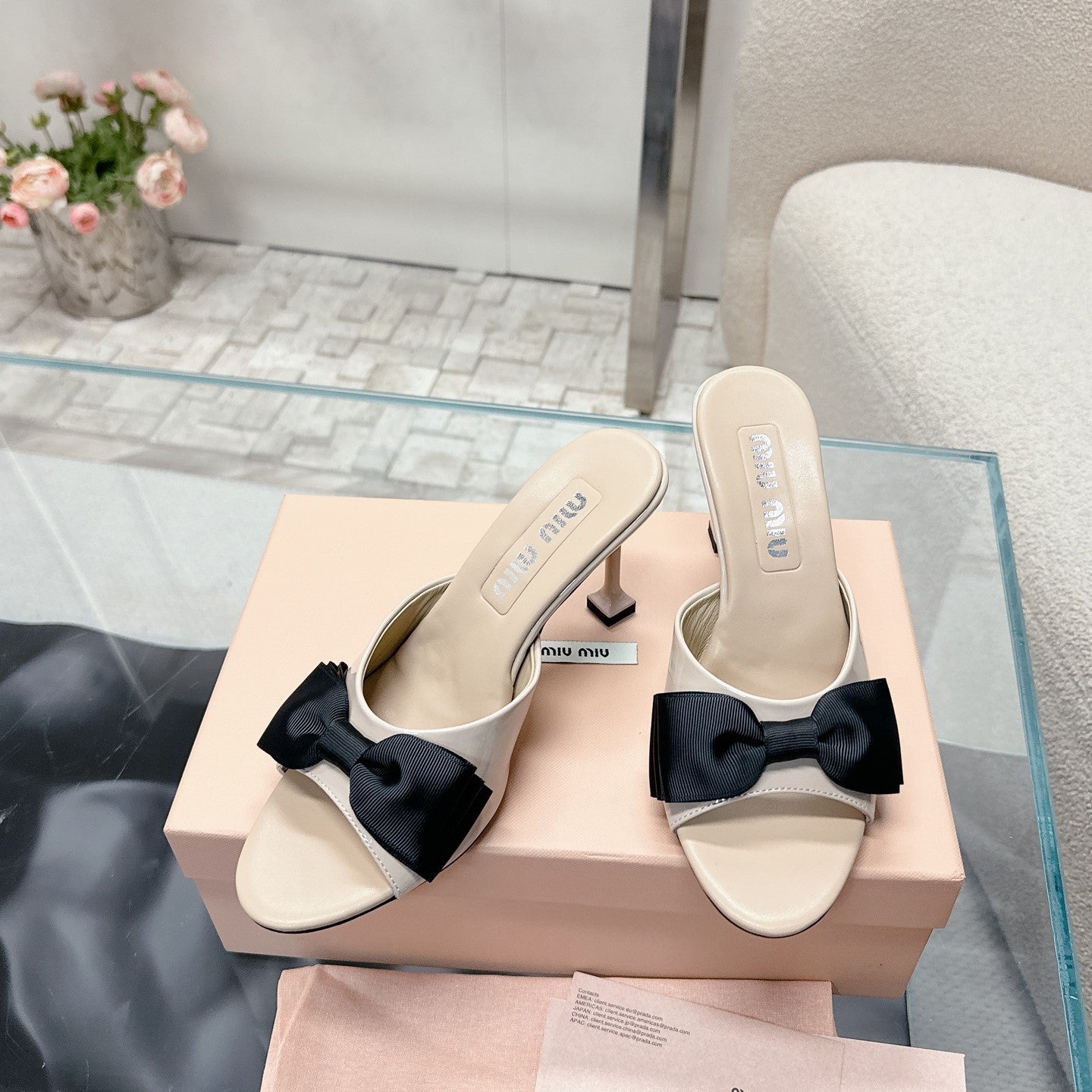 Miu Mordoré Black Bows Mules  70mm Beige Cowhide 445515