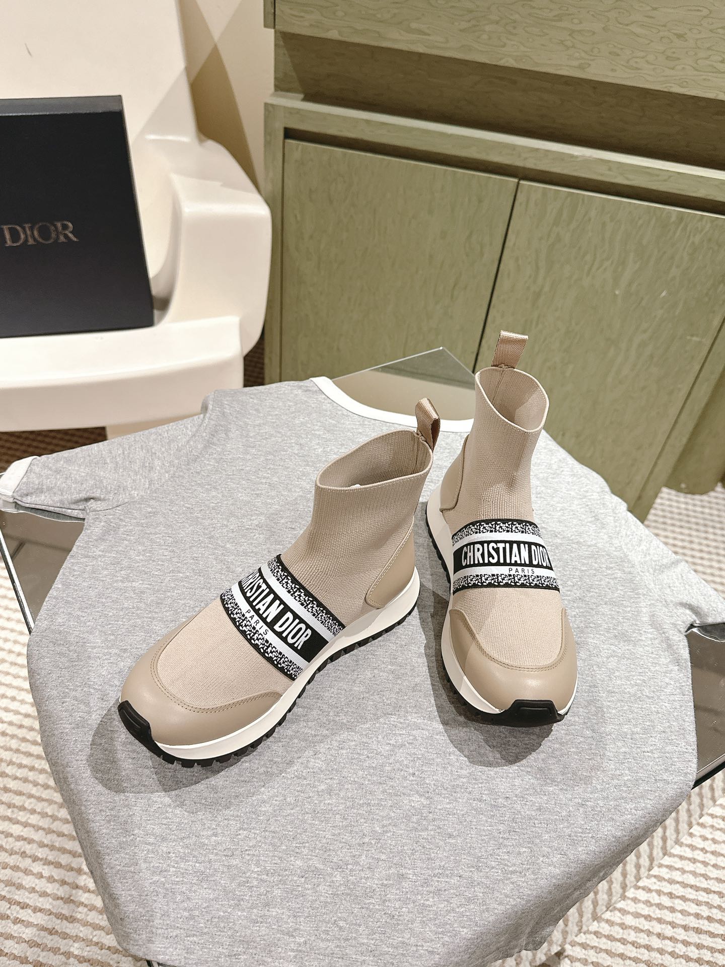 CD High-Top Sneaker 40mm Beige Stretch Wool And Lambskin