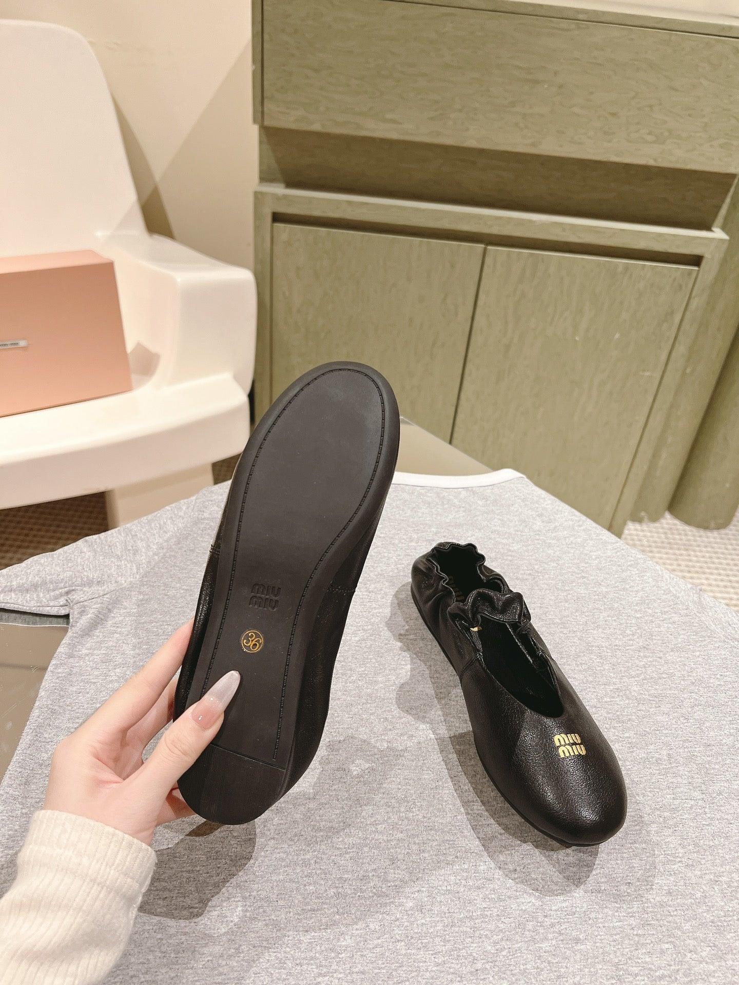 Miu Ruches Ballet Flat Black Lambskin 445668