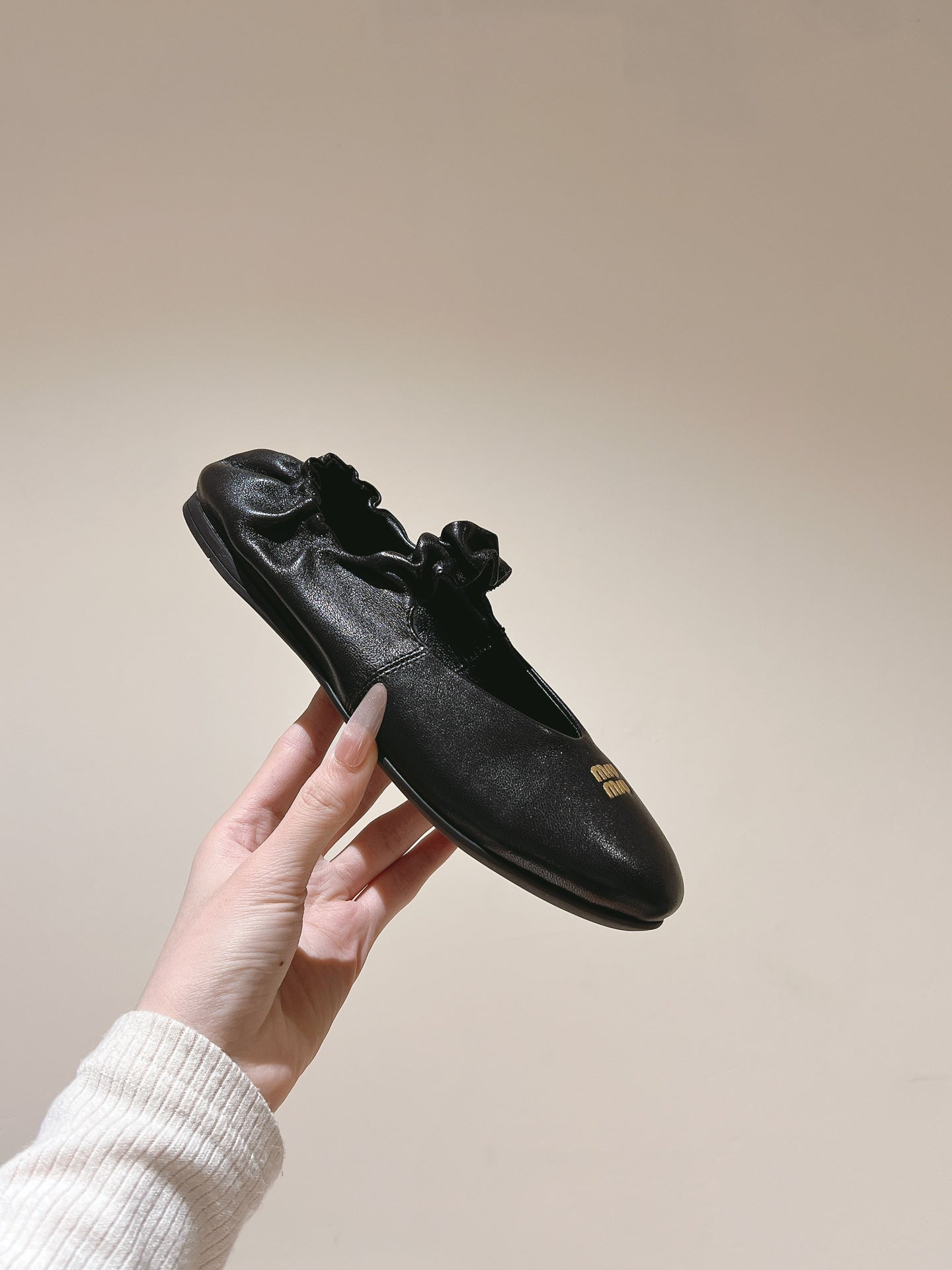 Miu Ruches Ballet Flat Black Lambskin 445668