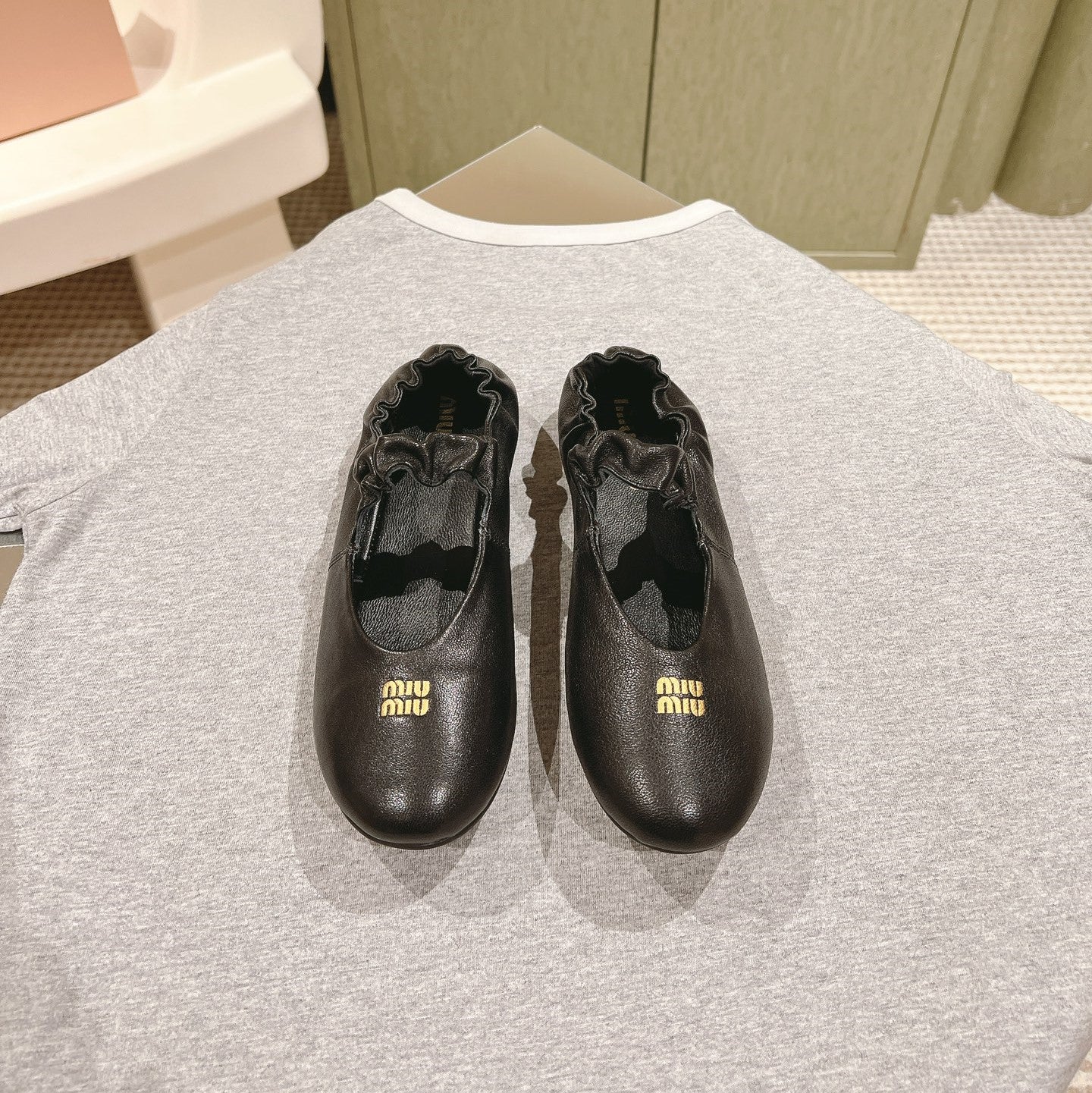 Miu Ruches Ballet Flat Black Lambskin 445668