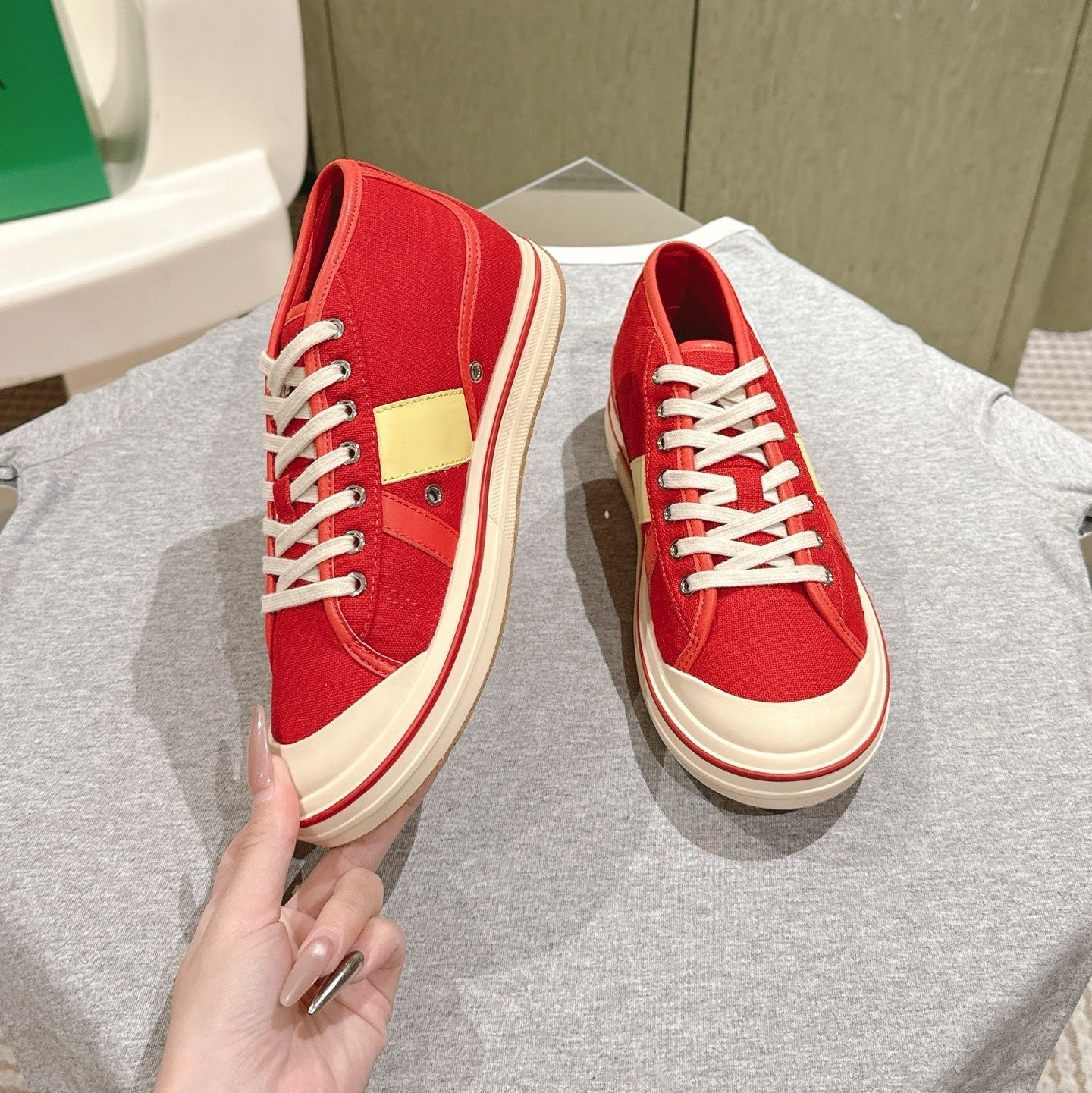 BV Eliot Sneaker Red/Light Yellow Cotton Calfskin 446194