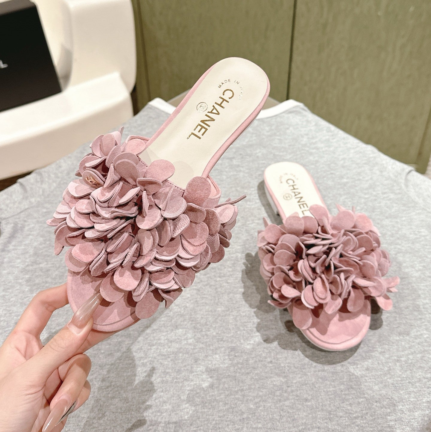 CC Floral Slide Flat Pink Suede Cowhide 454281