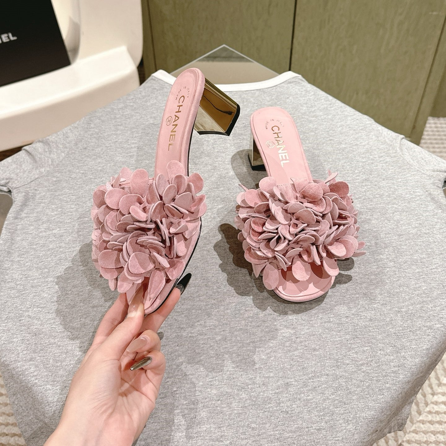 CC Floral Slide Sandals 55mm PInk Suede Cowhide 454285