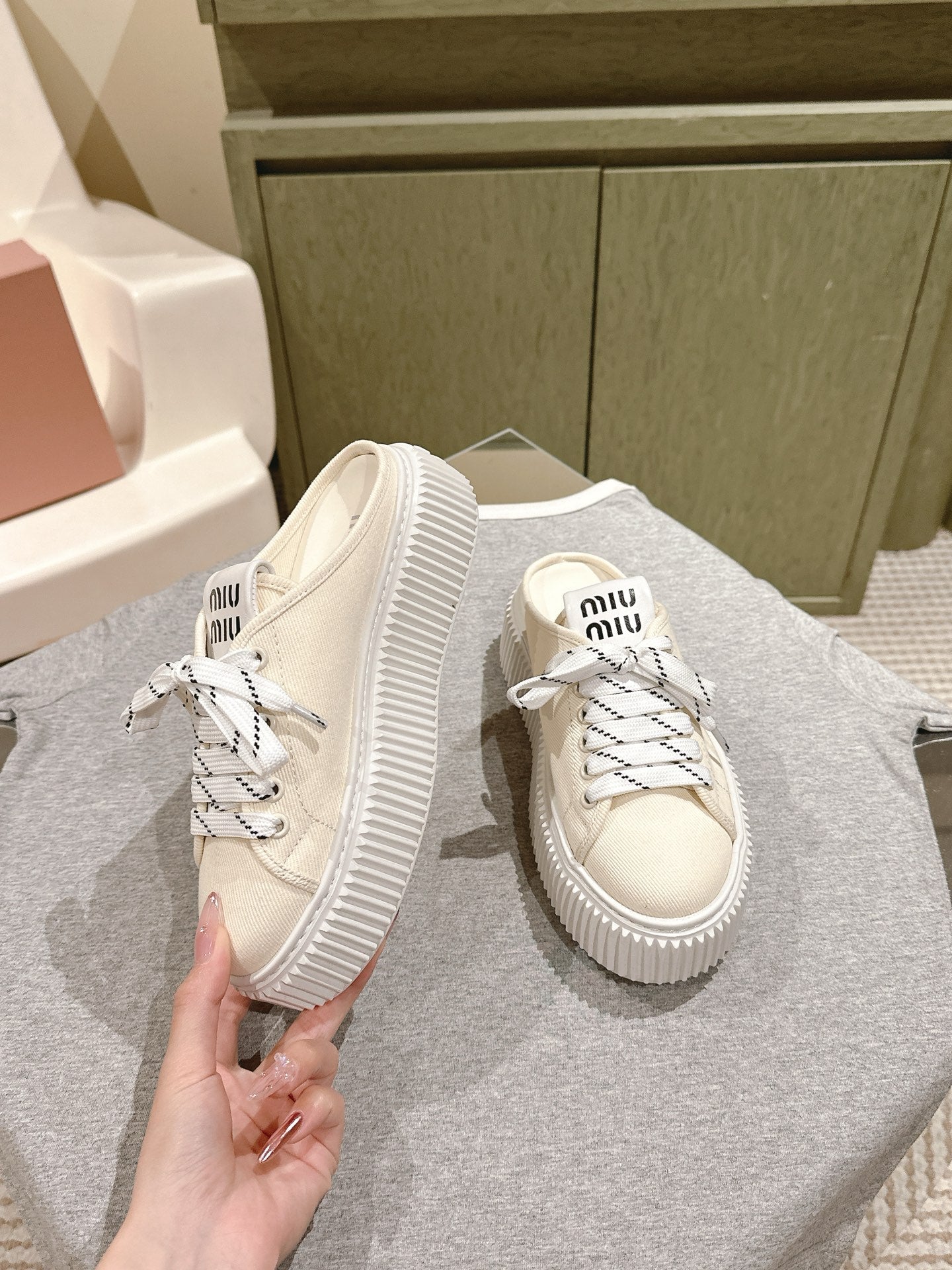 Miu Miu Biscuit Shoes Platform Mules Cream  Denim Canvas 532871