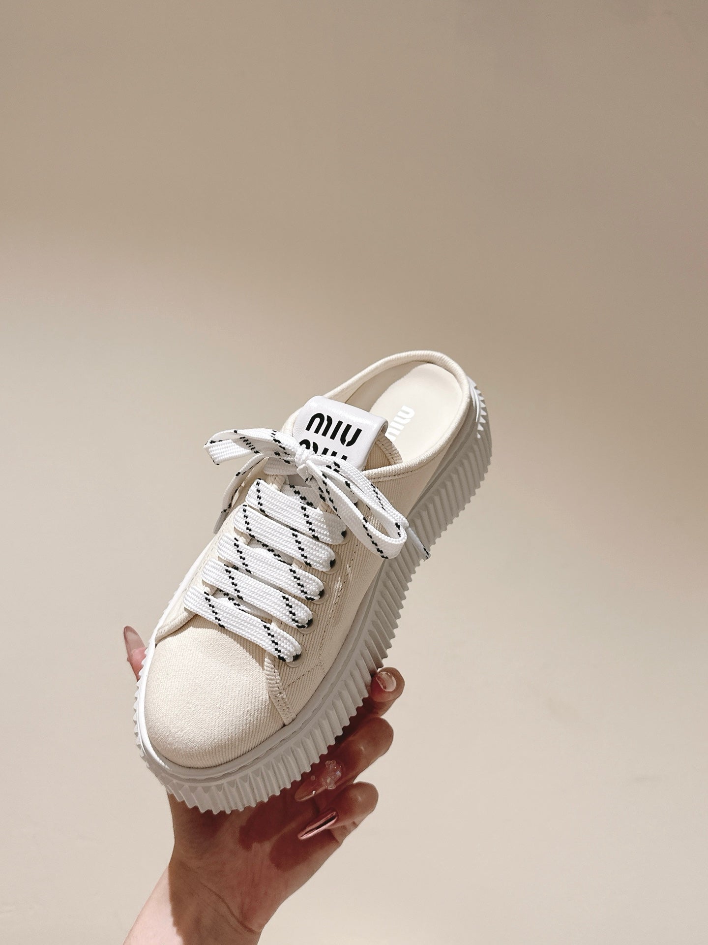 Miu Miu Biscuit Shoes Platform Mules Cream  Denim Canvas 532871