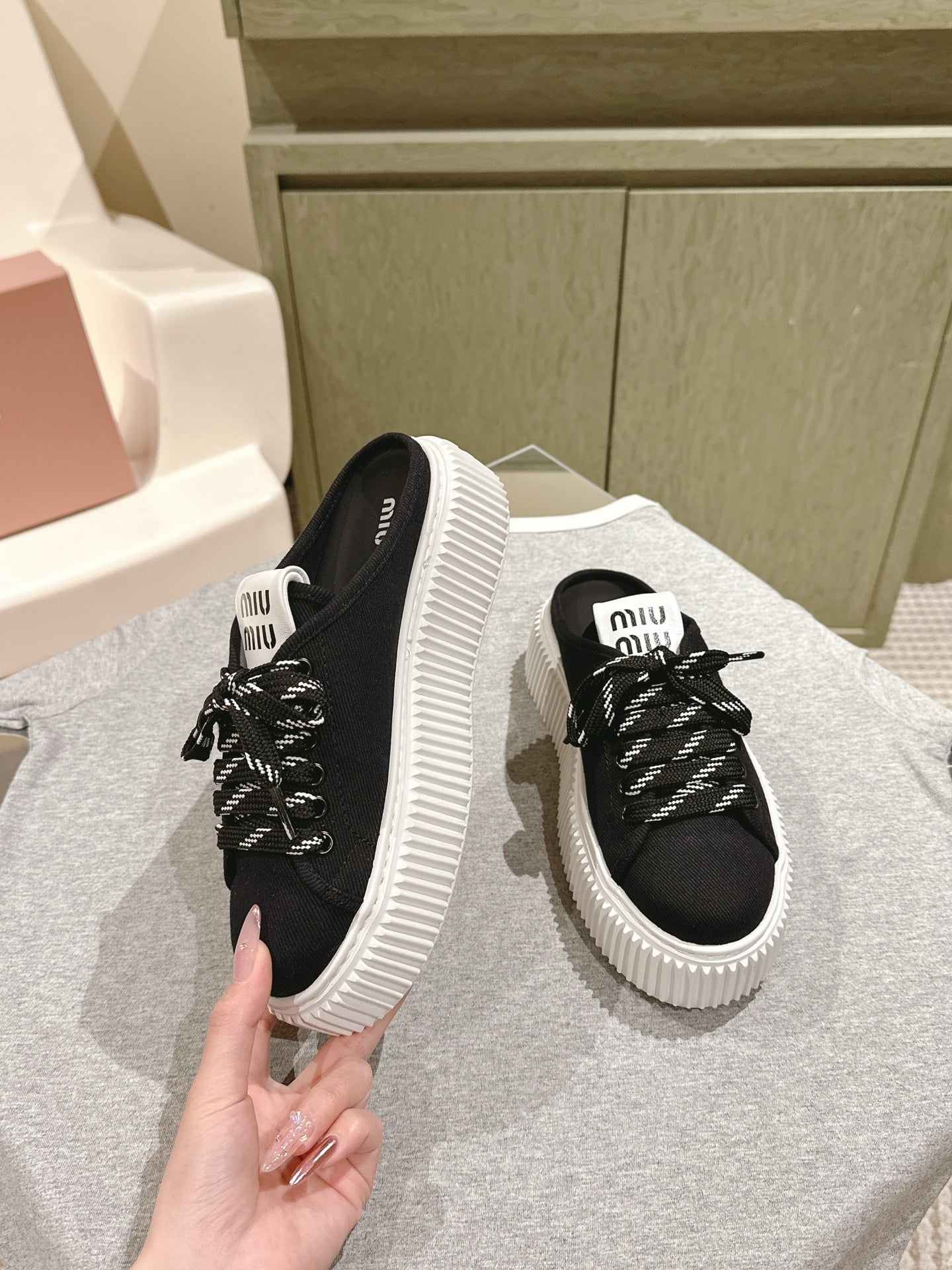 Miu Miu Biscuit Shoes Platform Mules Black Denim Canvas 532872