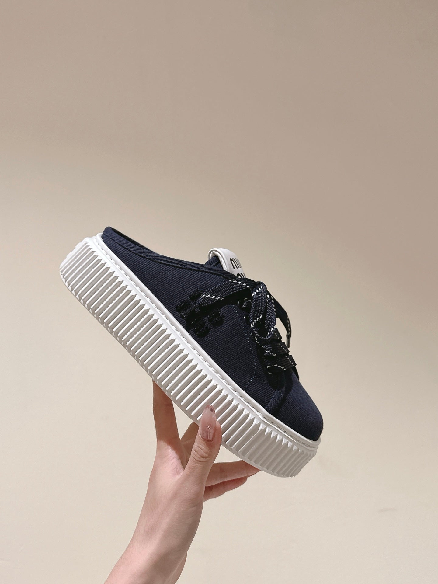 Miu Miu Biscuit Shoes Platform Mules Navy  Denim Canvas 532874
