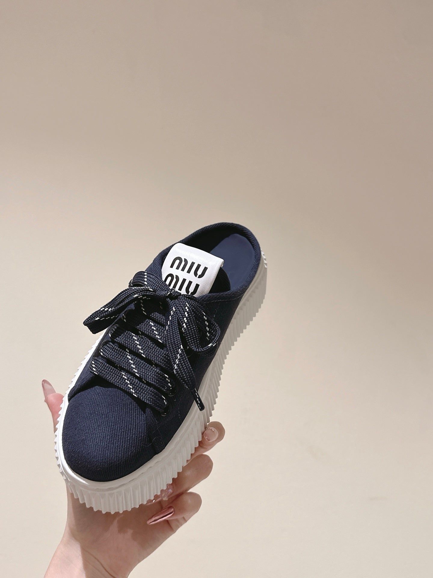 Miu Miu Biscuit Shoes Platform Mules Navy  Denim Canvas 532874