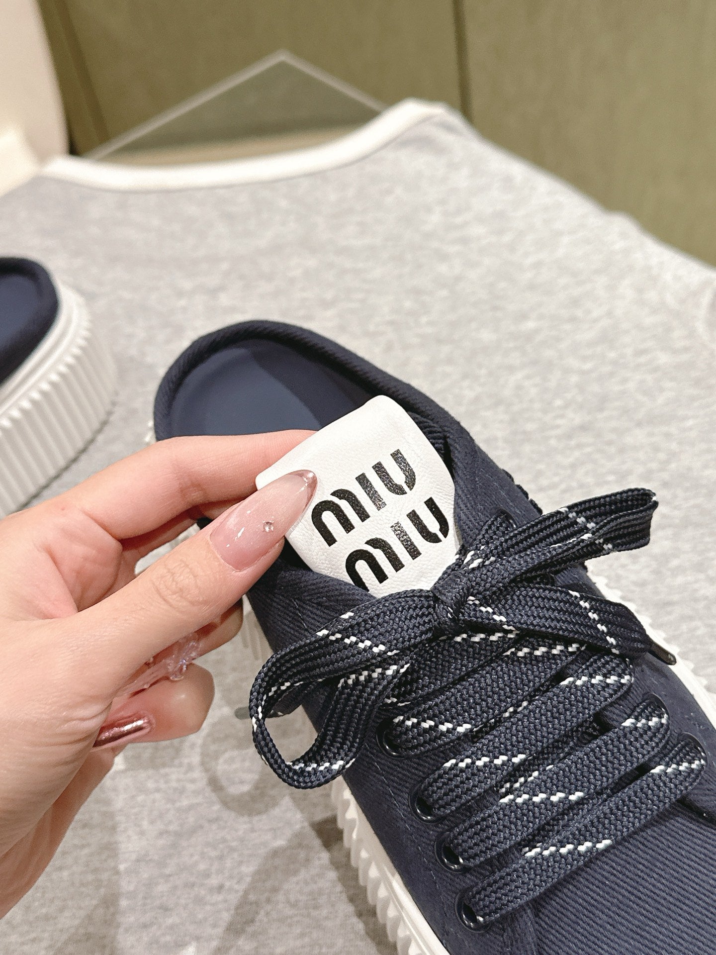 Miu Miu Biscuit Shoes Platform Mules Navy  Denim Canvas 532874