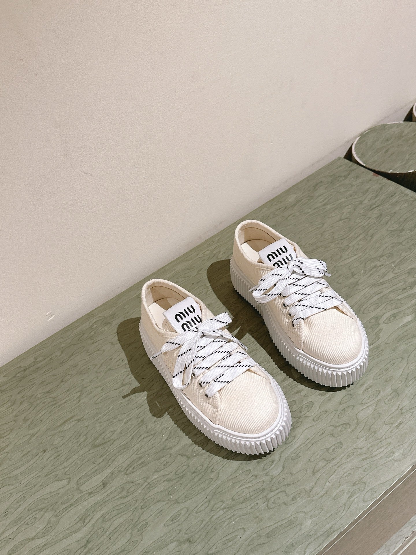 Miu Miu Biscuit Shoes Chunky Sneakers Cream Denim Canvas 532875