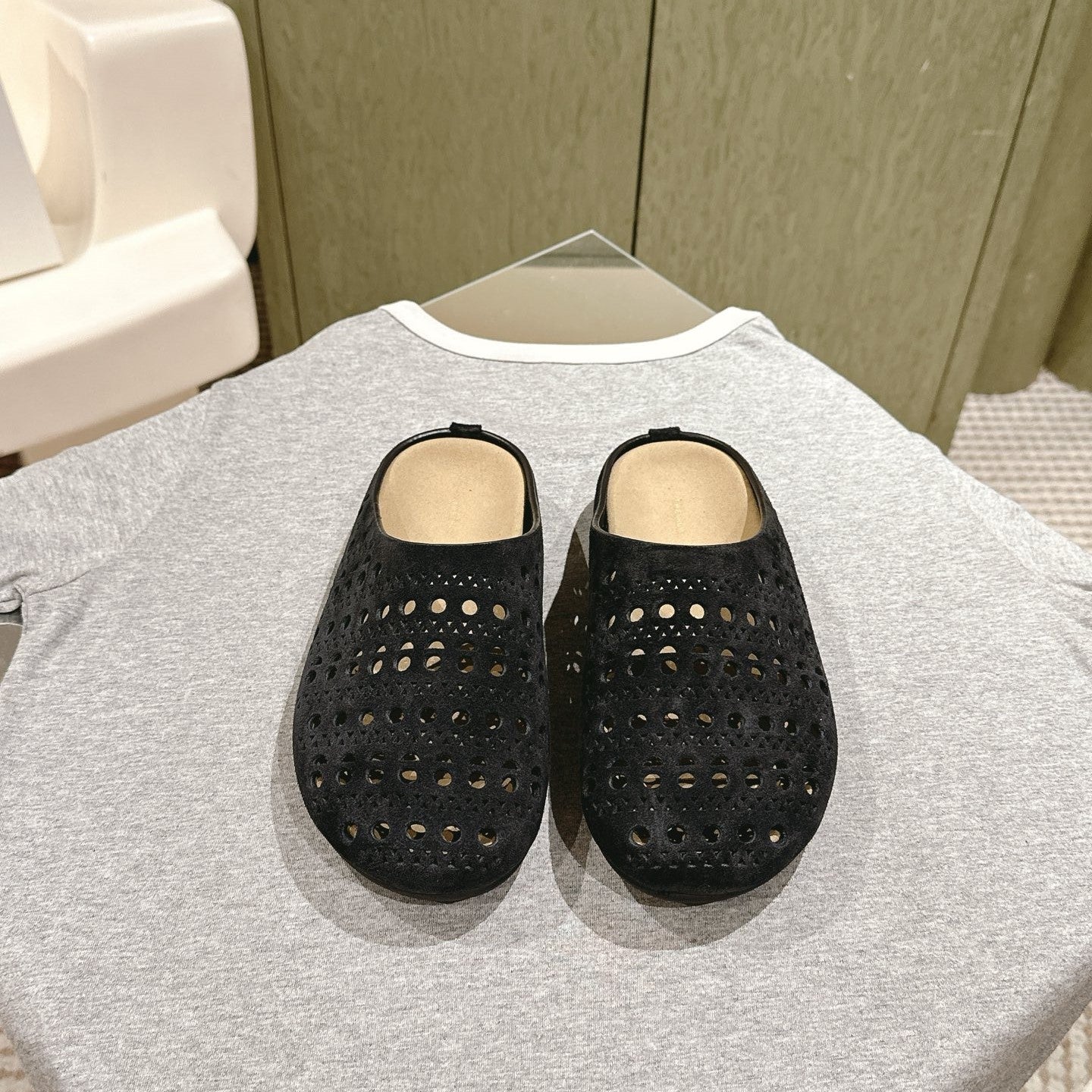 The Row 25ss Perforated Mule 20mm Black Suede 451273