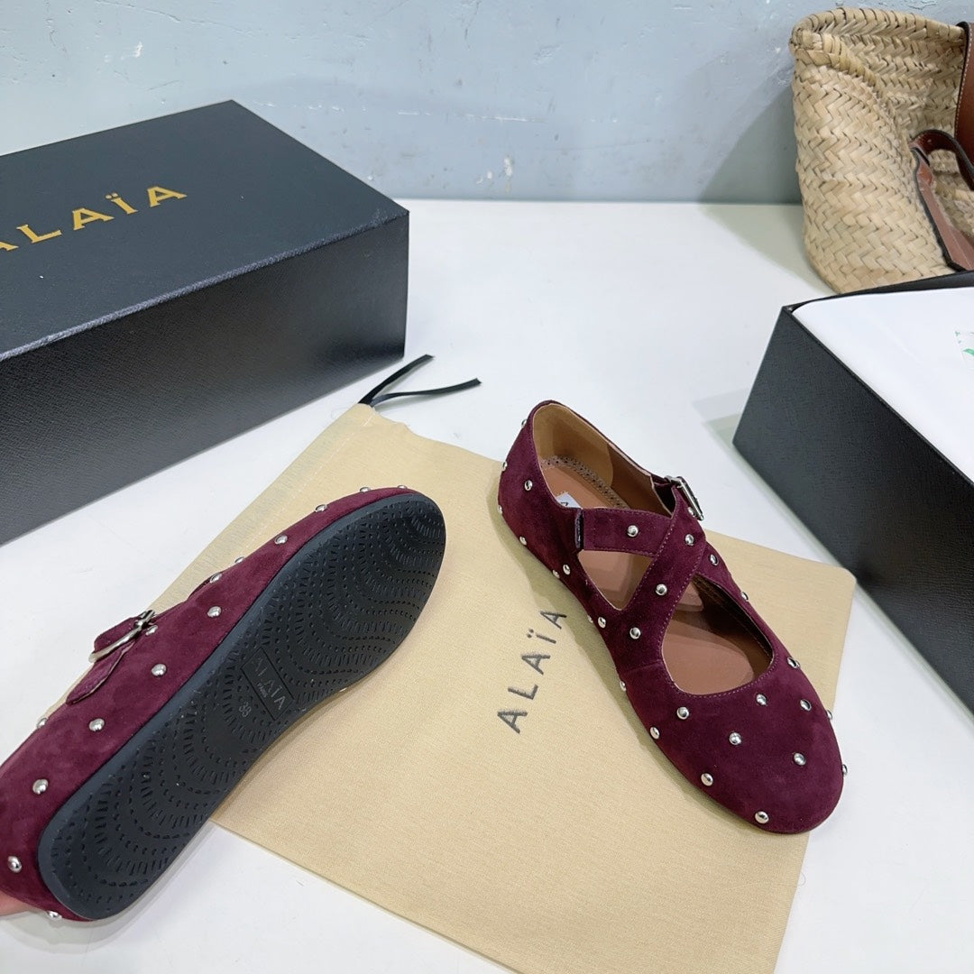 Alaia Criss Cross Ballet Flats With Stud Burgundy Suede 674304