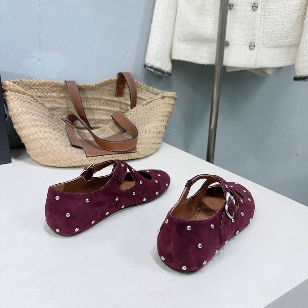 Alaia Criss Cross Ballet Flats With Stud Burgundy Suede 674304