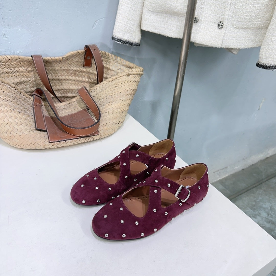 Alaia Criss Cross Ballet Flats With Stud Burgundy Suede 674304