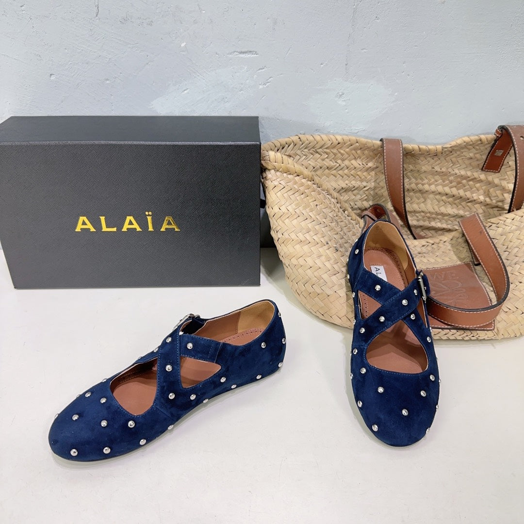 Alaia Criss Cross Ballet Flats With Stud Dark Blue Suede 674305