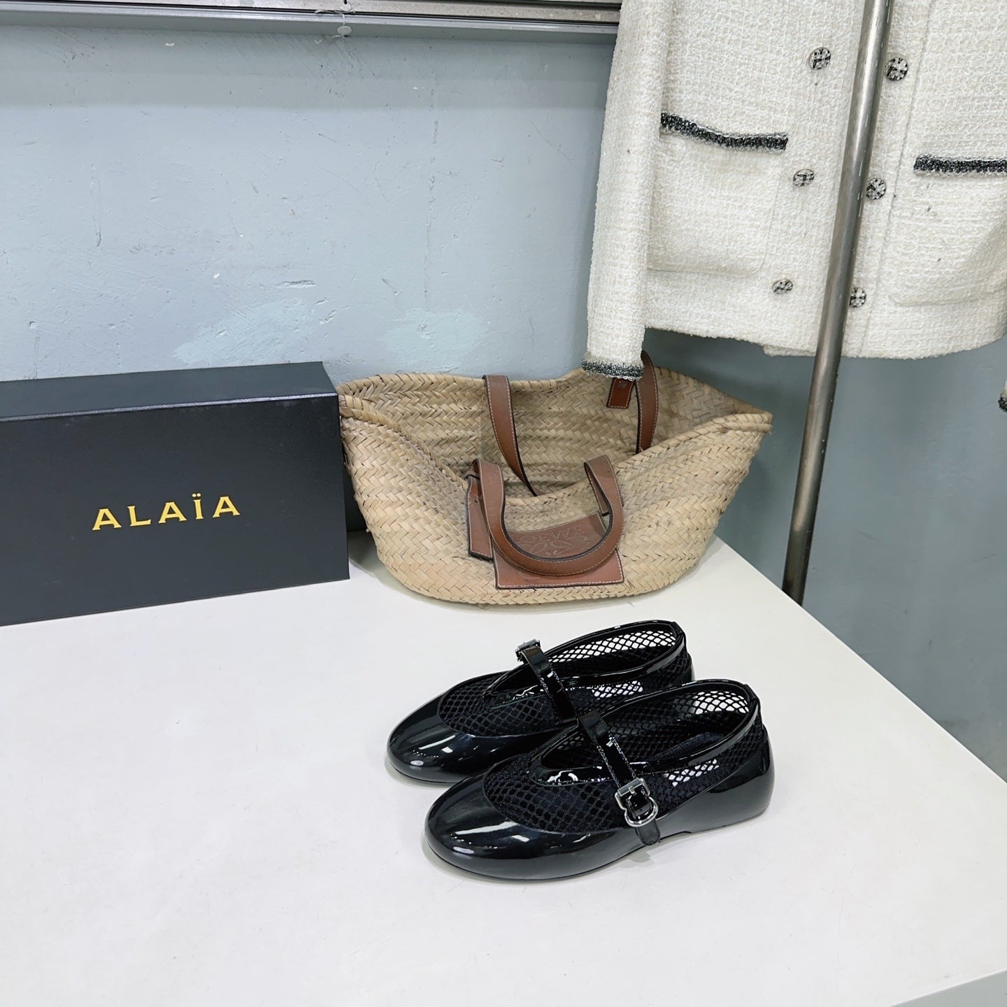 Alaia Ballet Flats Black Mesh Patent Leather 674310